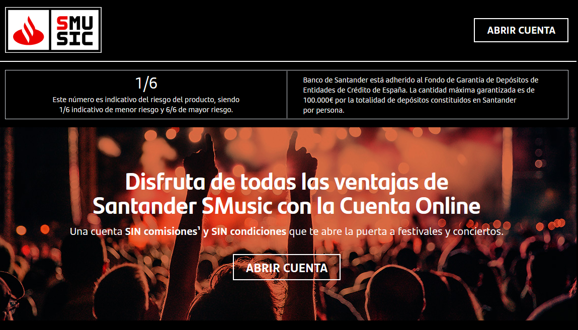 Ejemplo de página de aterrizaje para abrir cuenta desde Santander SMusic.