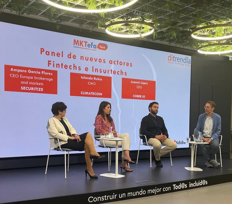 Amparo Garcia Flores, CEO Europe Brokerage and Markets de Securitize, Juanmi López, CEO de Cober.IO y Iolanda Rubio, CMO de Climatecoin con Fernando Rivero, CEO de Ditrendia